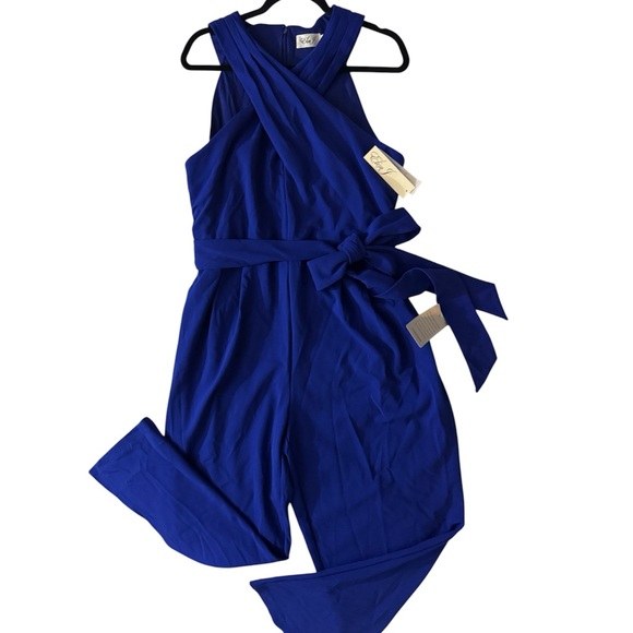 Eliza J Pants - Eliza J Royal Blue Criss Cross Halter Jumpsuit NWT Tie Waist Wide Leg